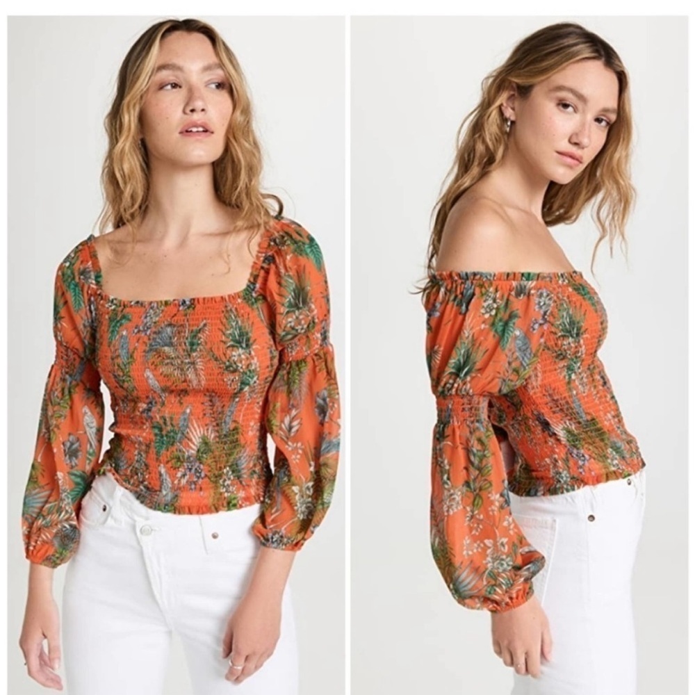 NWOT L’agence Cece Smocked Top Orange Floral Off The Shoulder Puff Sleeves XS
